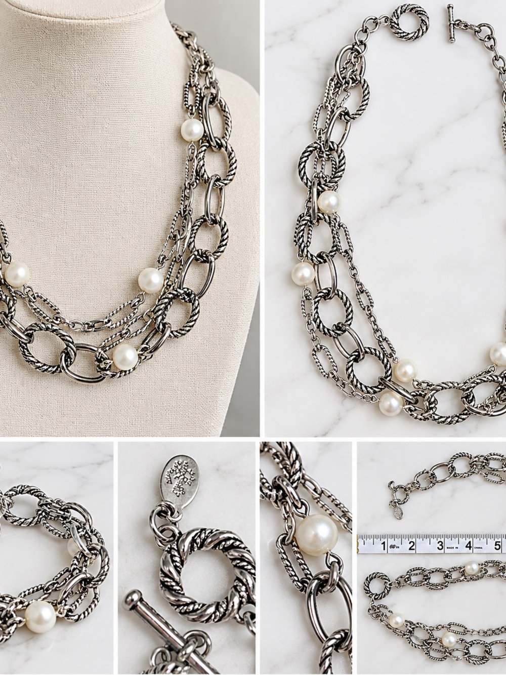 Silver-Tone Multi-Chain Pearl Accent Necklace